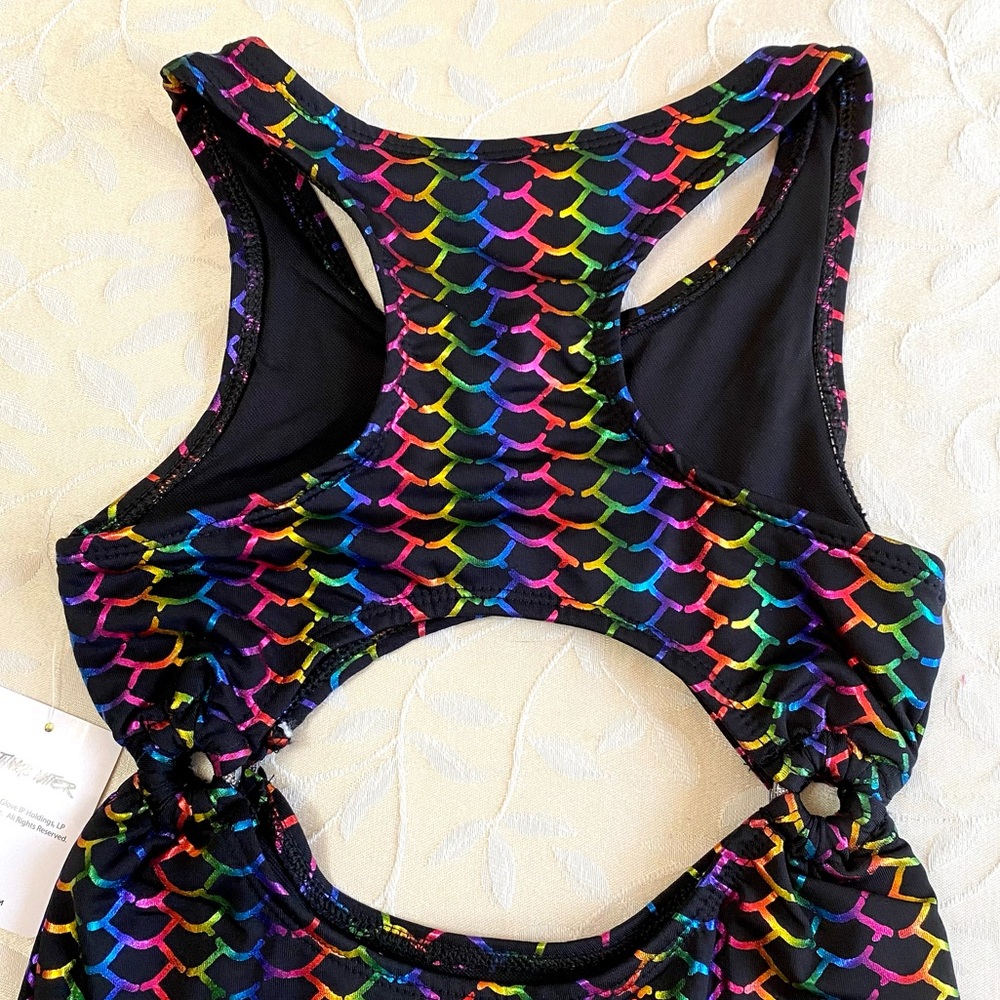 Body Glove Swimsuit Girls size 10 Rainbow Scale Cutout One-Piece Black Multi NWT - Picture 9 of 10